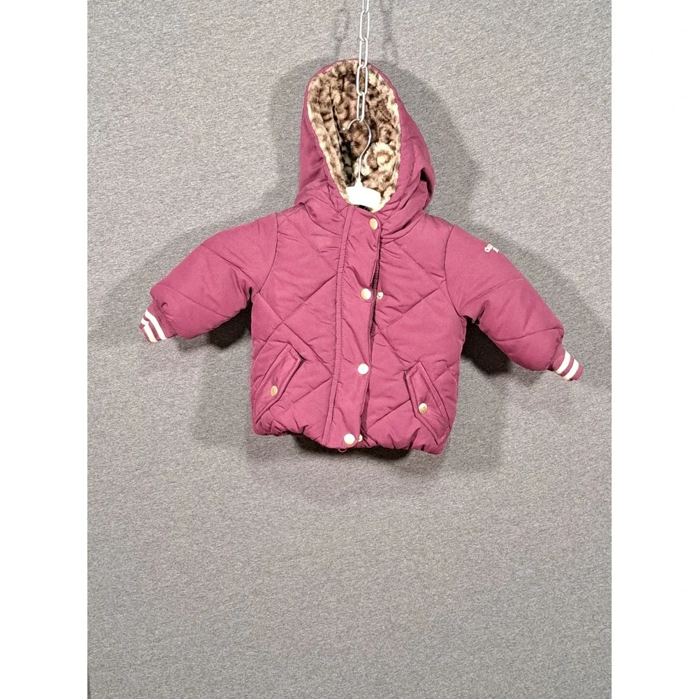 OshKosh Bgosh Toddler Girls Burgundy Quilted Puffer Jacket Leopard Hood 12M